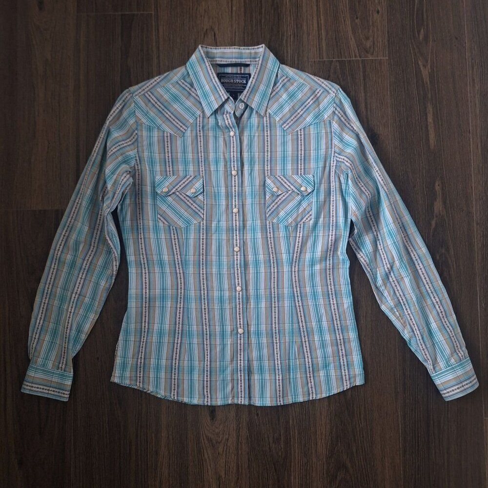 💙 Panhandle Slim Rough Stock Button Up Shirt Plaid Pearl Snaps Cotton